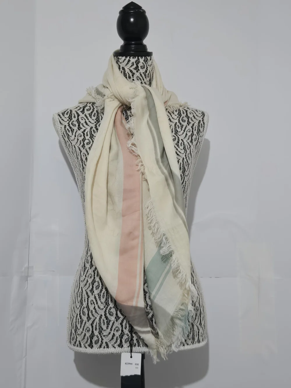 Fraas Cream Square Scarf with Sage Green and Gray Stripes